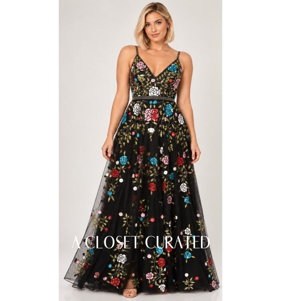 Mac Duggal Sequin Floral Embellished A-Line Gown XL Black NEW Style 5400